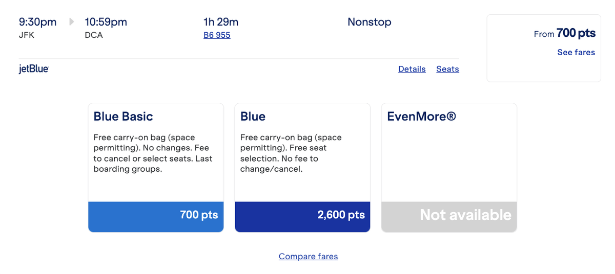 JetBlue Blue Basic award JFK DCA 700 points fare options