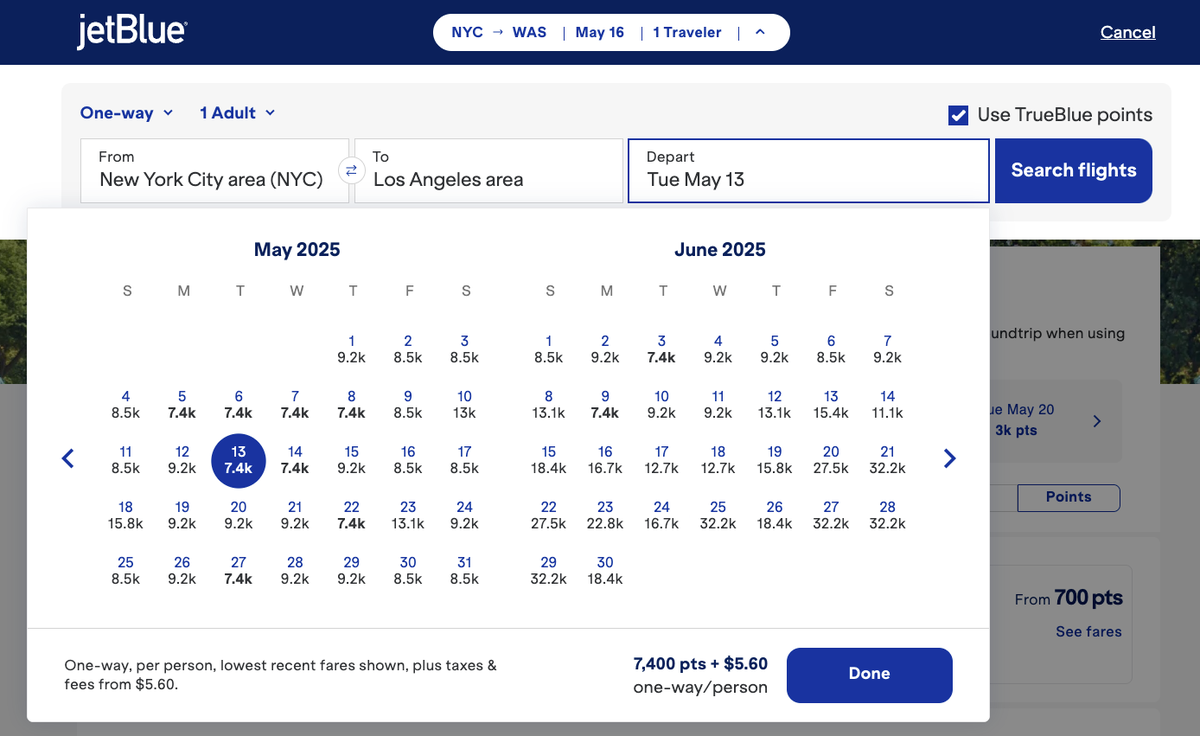 JetBlue TrueBlue award calendar pricing JFK LAX