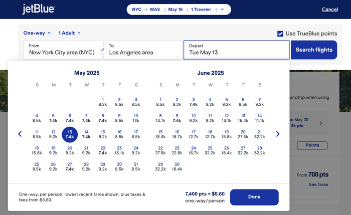 JetBlue TrueBlue award calendar pricing JFK LAX JetBlue TrueBlue award calendar pricing JFK LAX