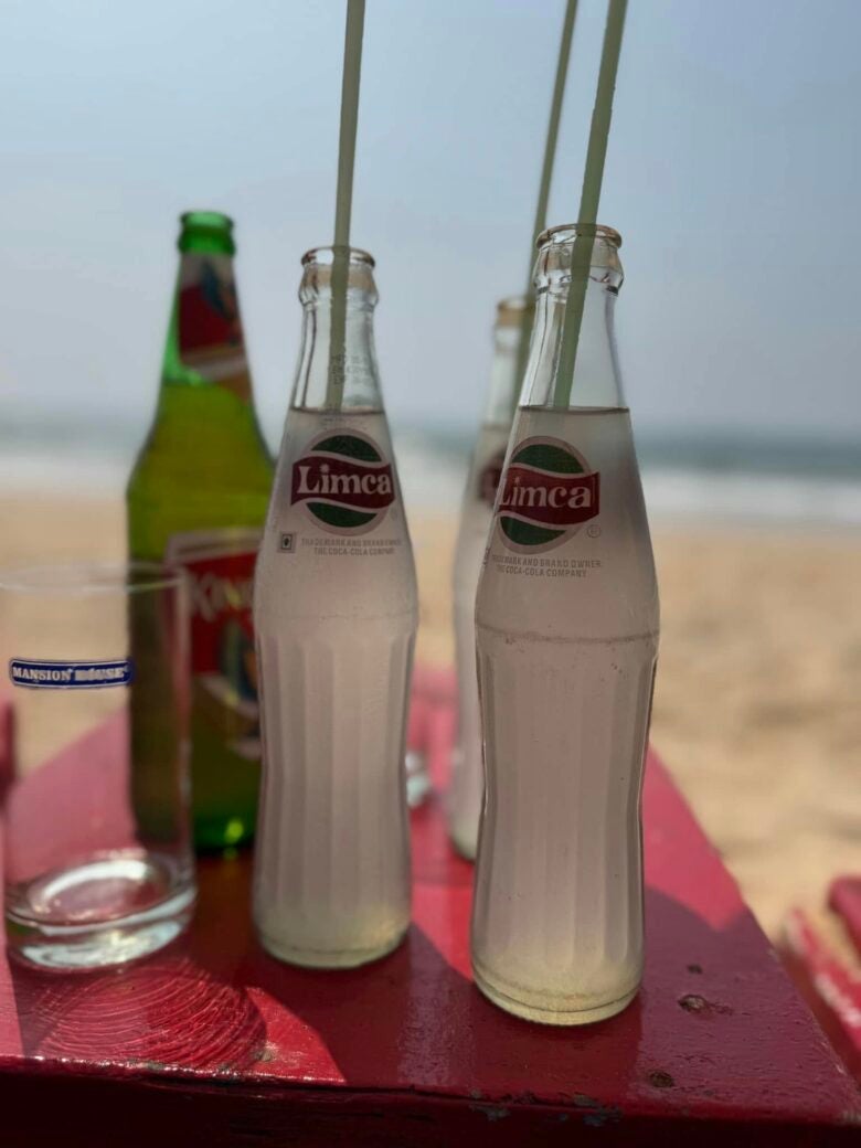 Kingfisher beer and Limca soda in Goa, India.