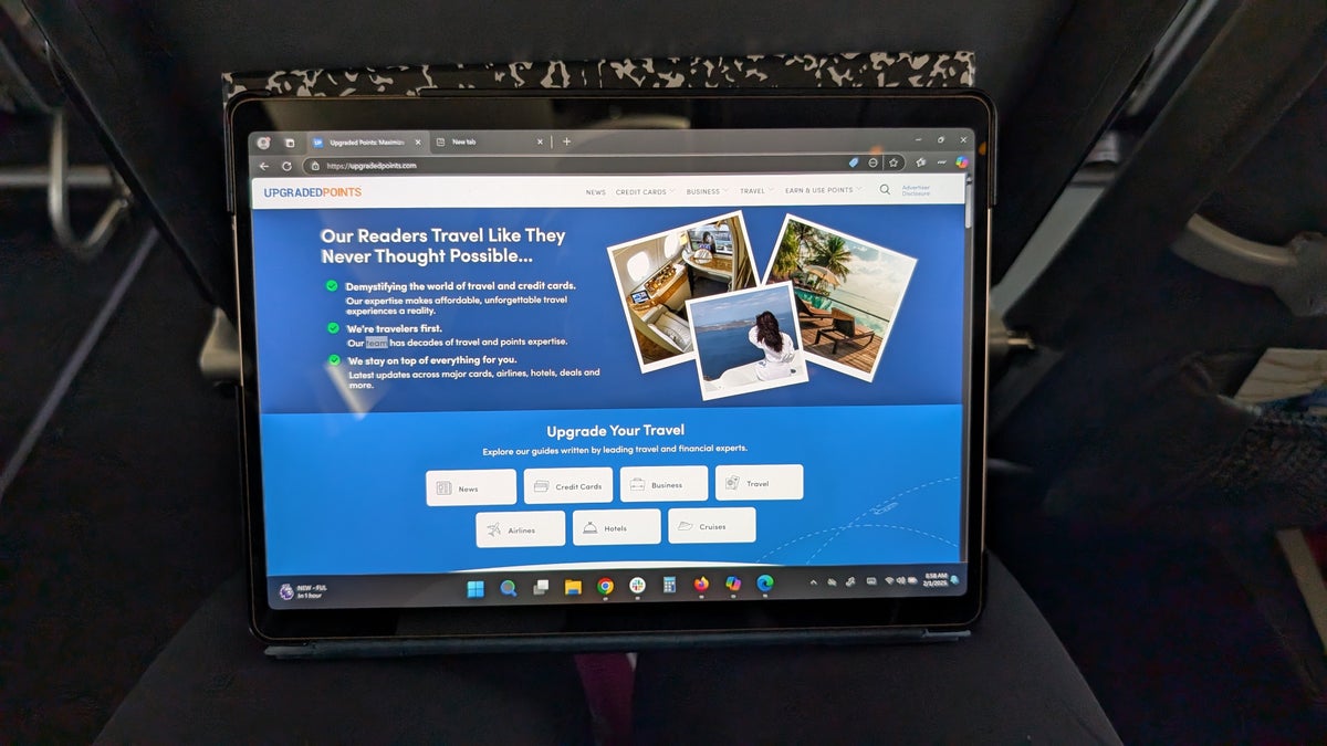 Microsoft Surface Pro tablet mode in a Frontier Airlines seat