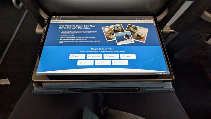 Microsoft Surface Pro tablet mode on Frontier Airlines tray table Microsoft Surface Pro tablet mode on Frontier Airlines tray table