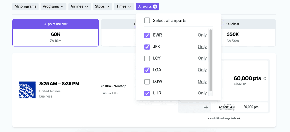 Point.me multi airport search