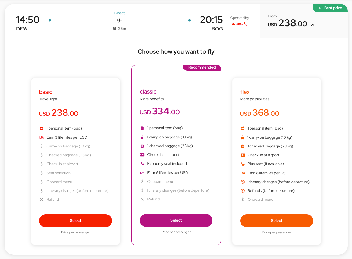 Price Avianca flight DFW BOG