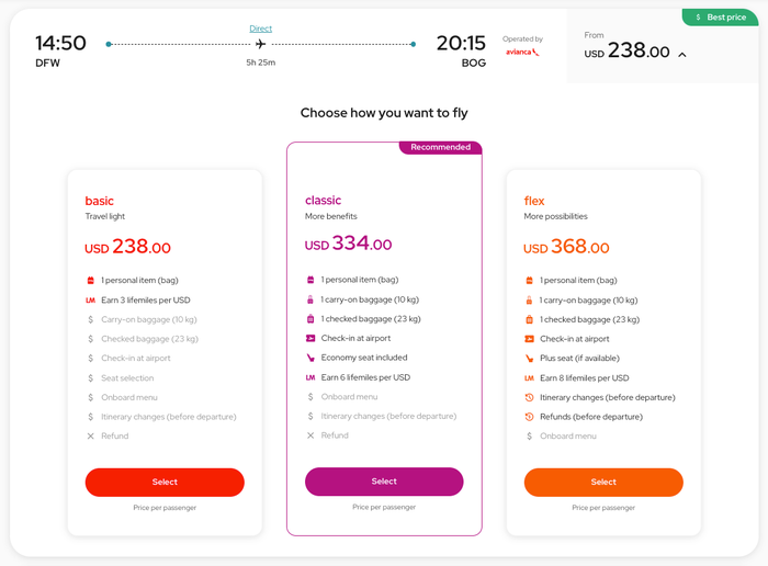 Price Avianca flight DFW BOG