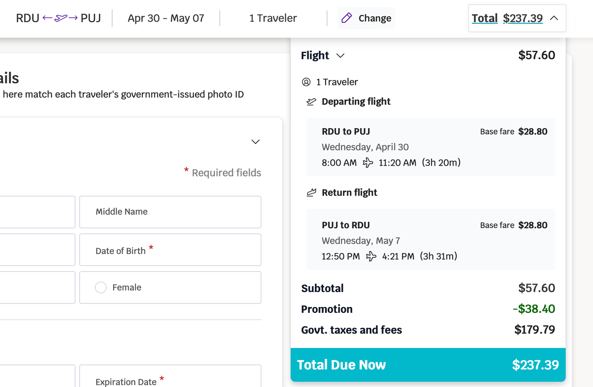 RDU to PUJ for $237.39 round-trip