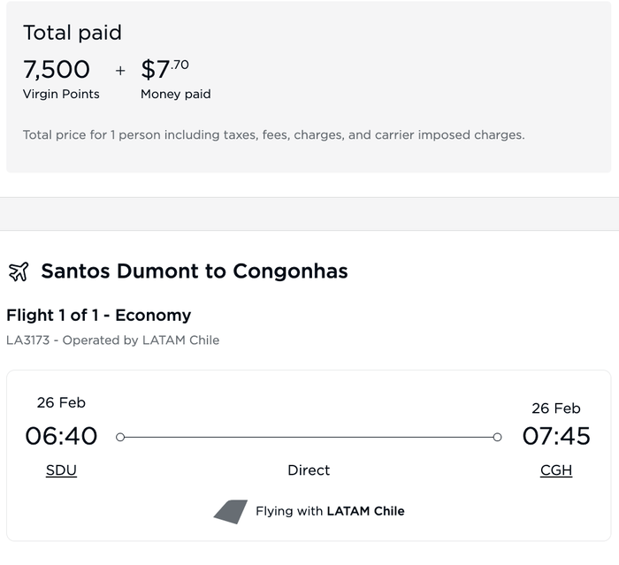SDU to CGH 7500 Virgin Points