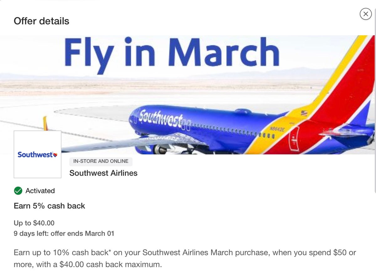 Southwest 5% cash back offer