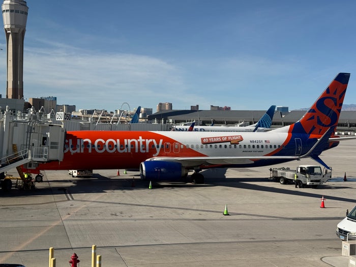 Sun Country Airlines B737 800 plane view from Capital One Lounge Las Vegas Sun Country Airlines B737 800 plane view from Capital One Lounge Las Vegas