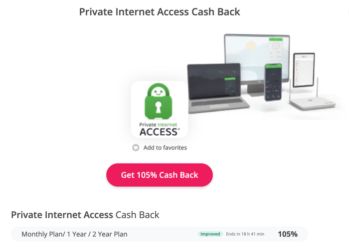 TopCashBack 105 Private Internet Access VPN