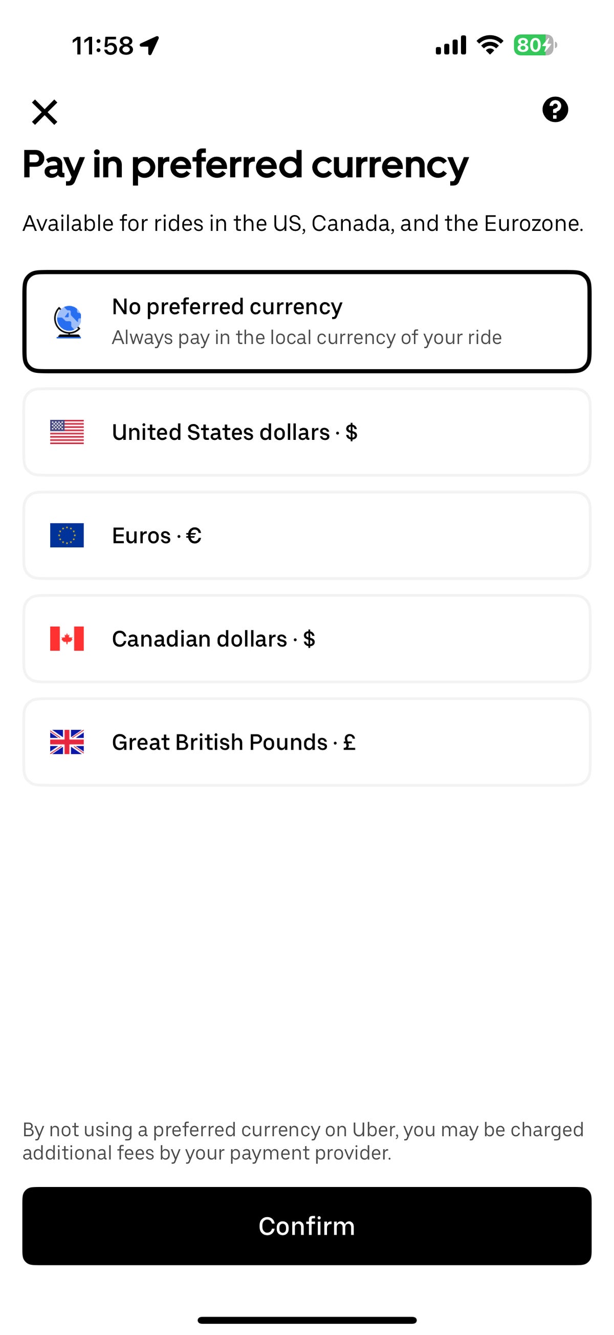 Uber Preferred Currency Selection