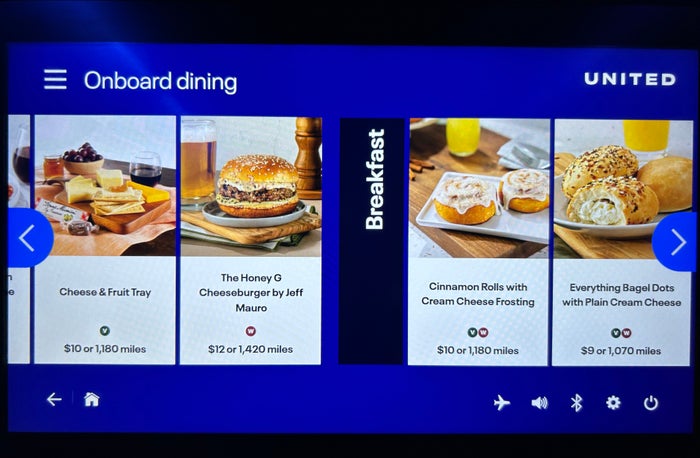 United EWR PDX onboard premium economy screen food menu United EWR PDX onboard premium economy screen food menu