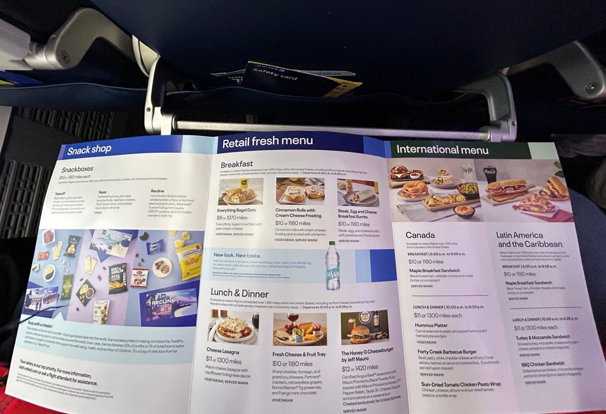 United EWR PDX premium economy paper menu