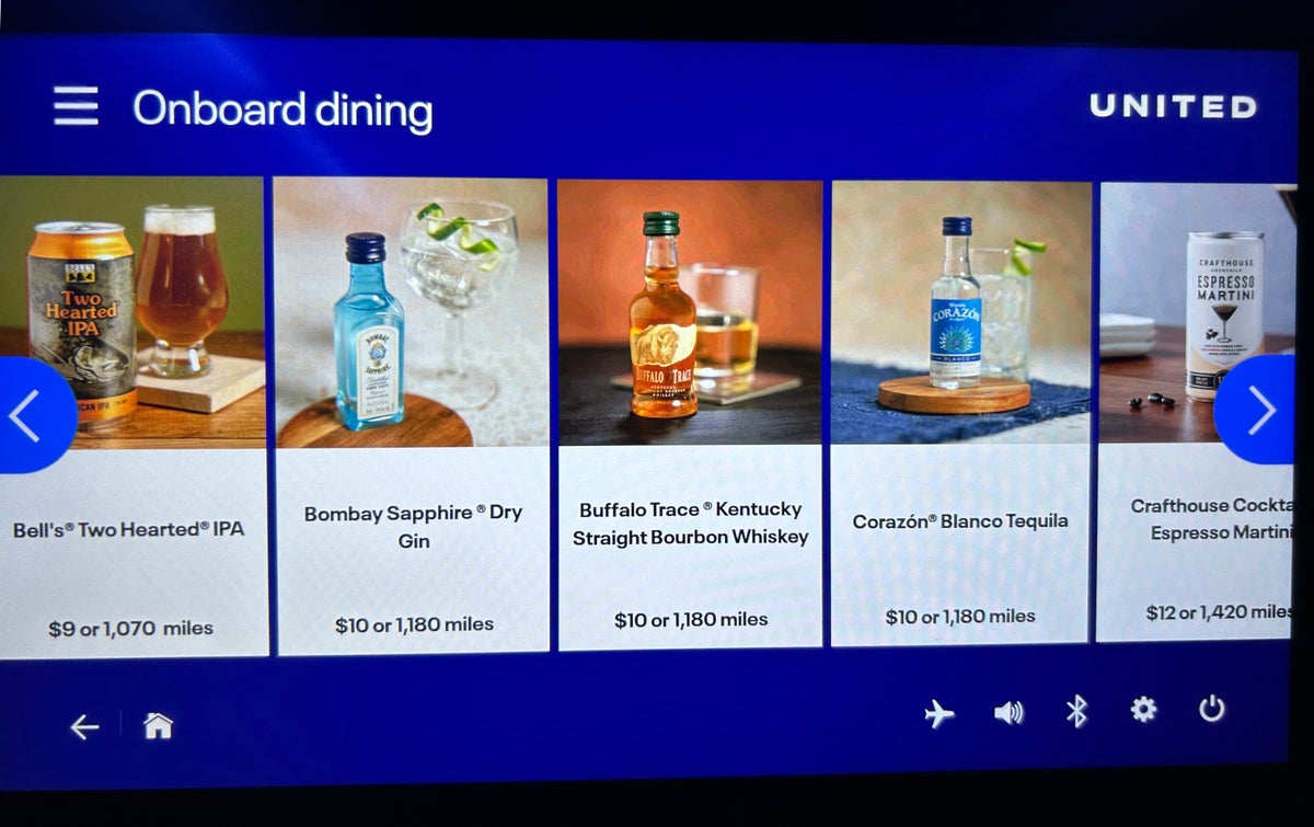 United EWR PDX premium economy screen drinks menu