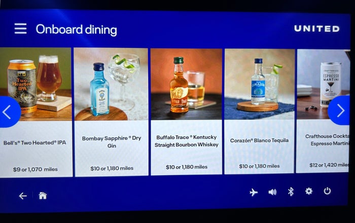 United EWR PDX premium economy screen drinks menu United EWR PDX premium economy screen drinks menu