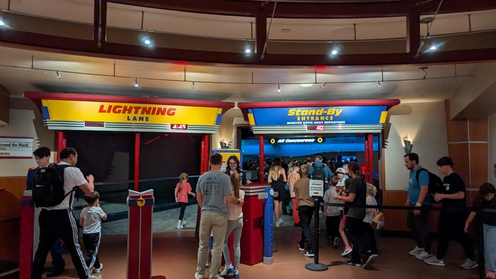 Walt Disney World Epcot Soarin’ Around the World Lightning Lane and standby line Walt Disney World Epcot Soarin' Around the World Lightning Lane and standby line