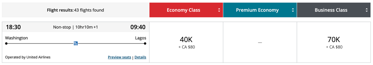 Aeroplan Africa award rate