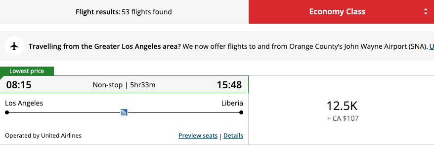 Aeroplan LAX LIR award price