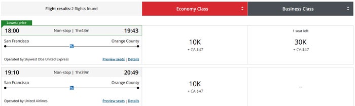 Aeroplan United Short Haul Award new