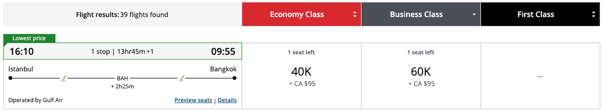 Aeroplan award ticket from IST to BKK on Gulf Air