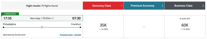 Aeroplan redemption Eurowings Discover 60k business PHL FRA Aeroplan redemption Eurowings Discover 60k business PHL FRA