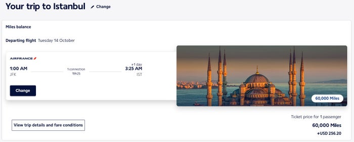 Screenshot An Air France award ticket from New York City to Istanbul