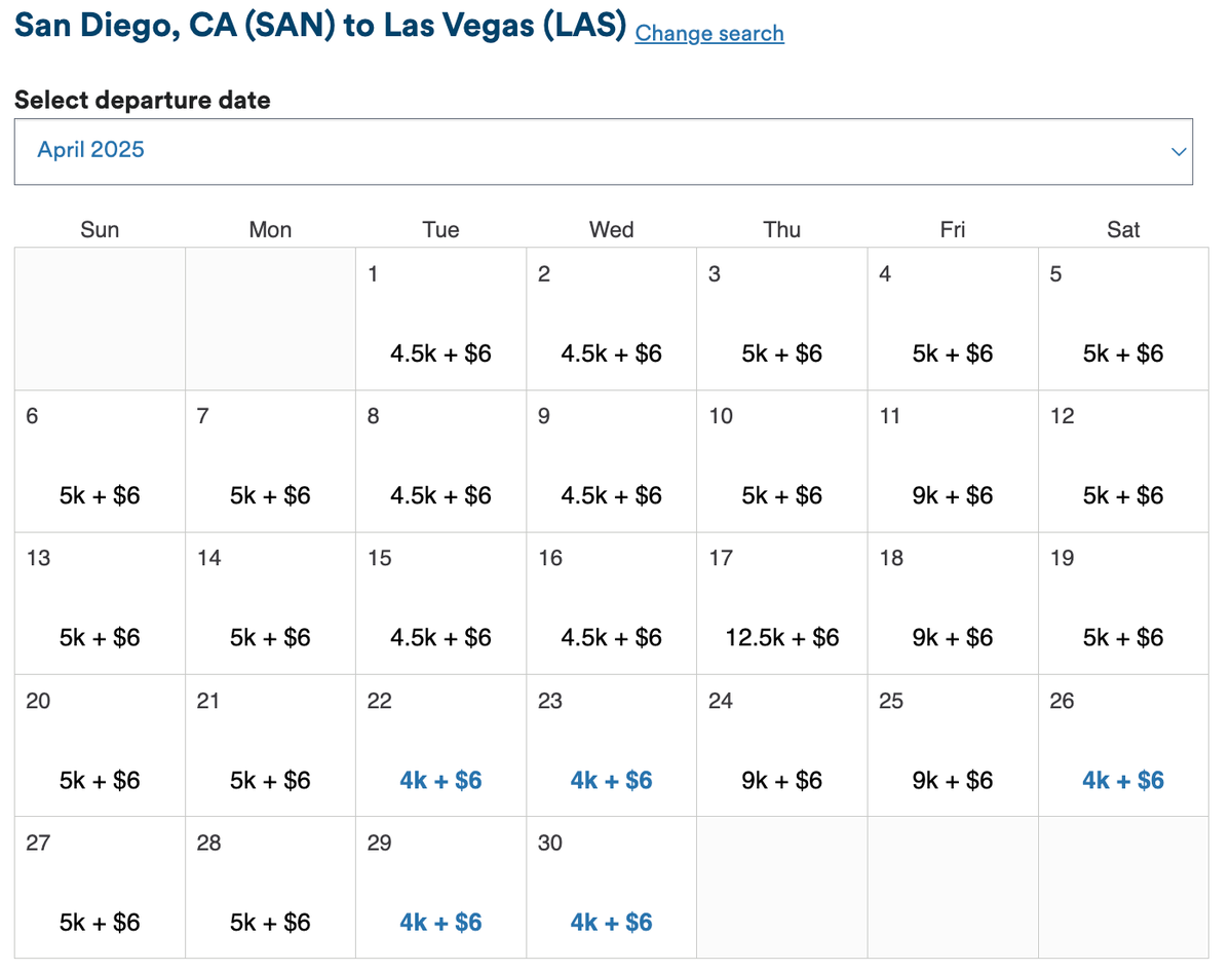 Alaska airlines award calendar SAN-LAS