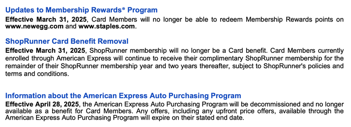 American Express benefits changes in 2025 statement screenshot American Express benefits changes in 2025 statement screenshot