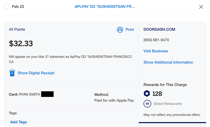 Apple Pay example Amex Gold 4x Sushi District