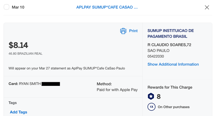Apple Pay example Amex Gold no 4x The Coffee