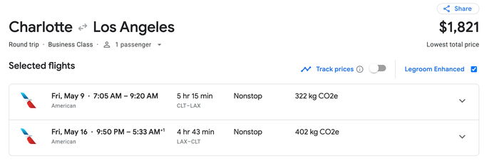 Charlotte to Los Angeles Google Flights Pricing in Business Class with AA