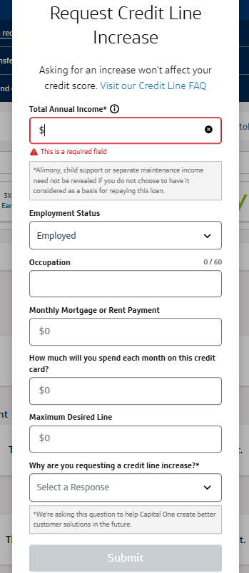 Capital One Request Credit Line Increase form