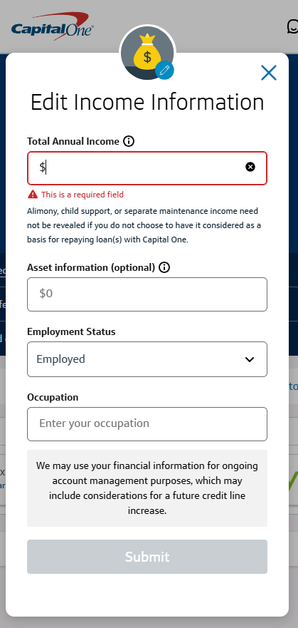 Capital One edit income information