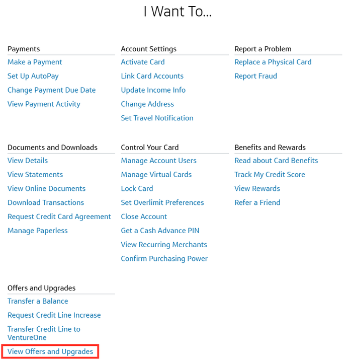 Capital One online account view offers and upgrades