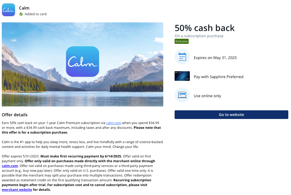 Chase Offer Calm app March 2025