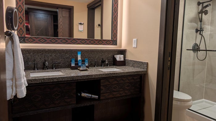 Disneys Animal Kingdom Lodge guest room bathroom vanity Disneys Animal Kingdom Lodge guest room bathroom vanity