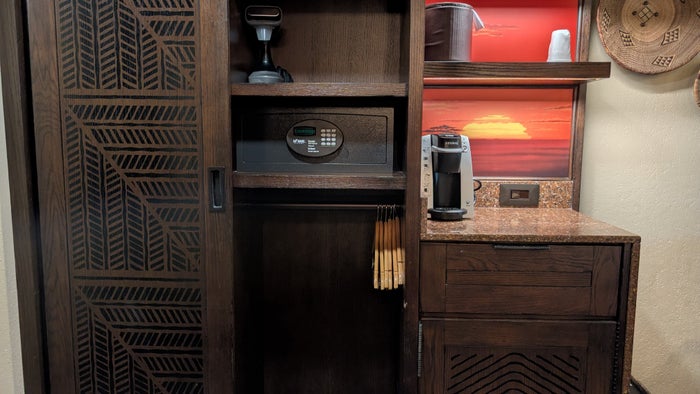 Disneys Animal Kingdom Lodge guest room coffee and safe closet Disneys Animal Kingdom Lodge guest room coffee and safe closet