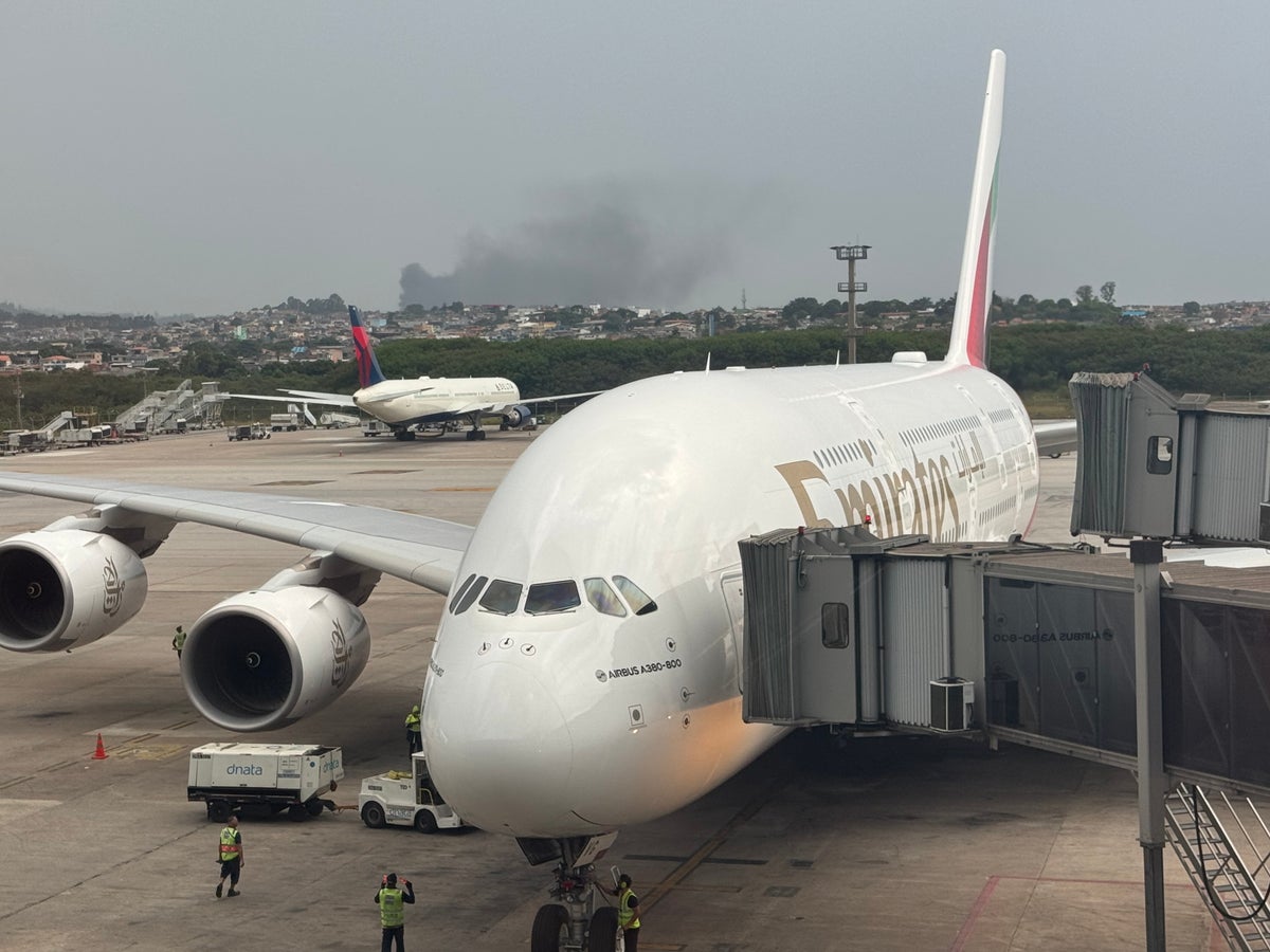 Emirates A380 arriving at gate Sao Paulo GRU