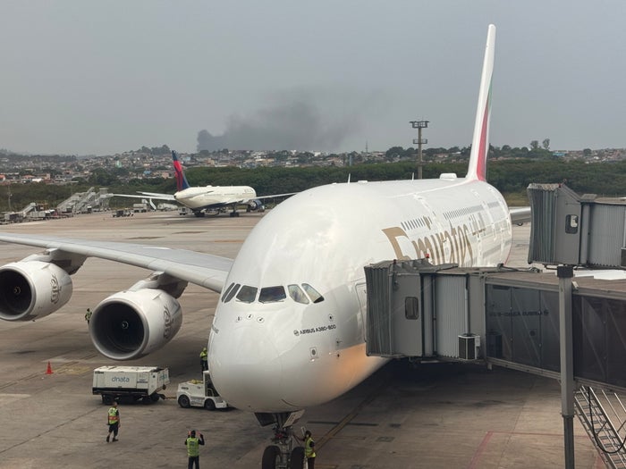 Emirates A380 arriving at gate Sao Paulo GRU Emirates A380 arriving at gate Sao Paulo GRU