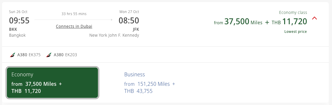 Emirates award ticket from BKK to JFK