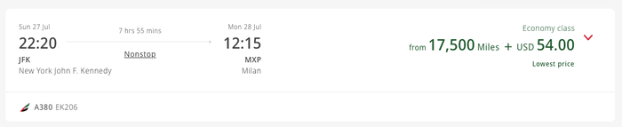 Emirates redemption JFK MXP 17500 points economy Emirates redemption JFK MXP 17500 points economy