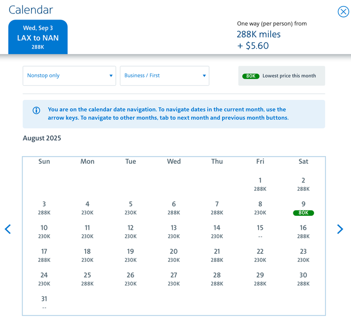 Fiji Award Availability AA Business class