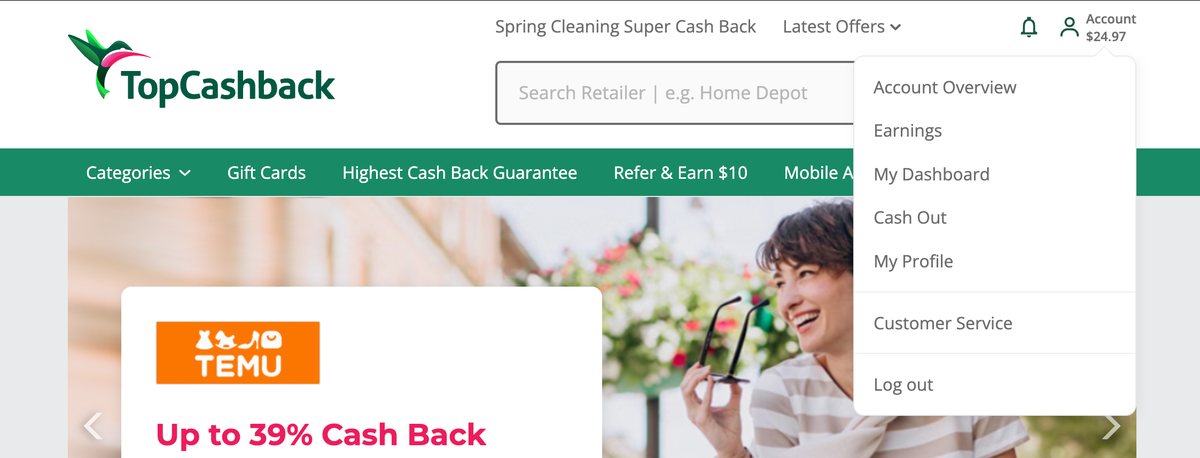 Finding The Cash Out Page on TopCashBack