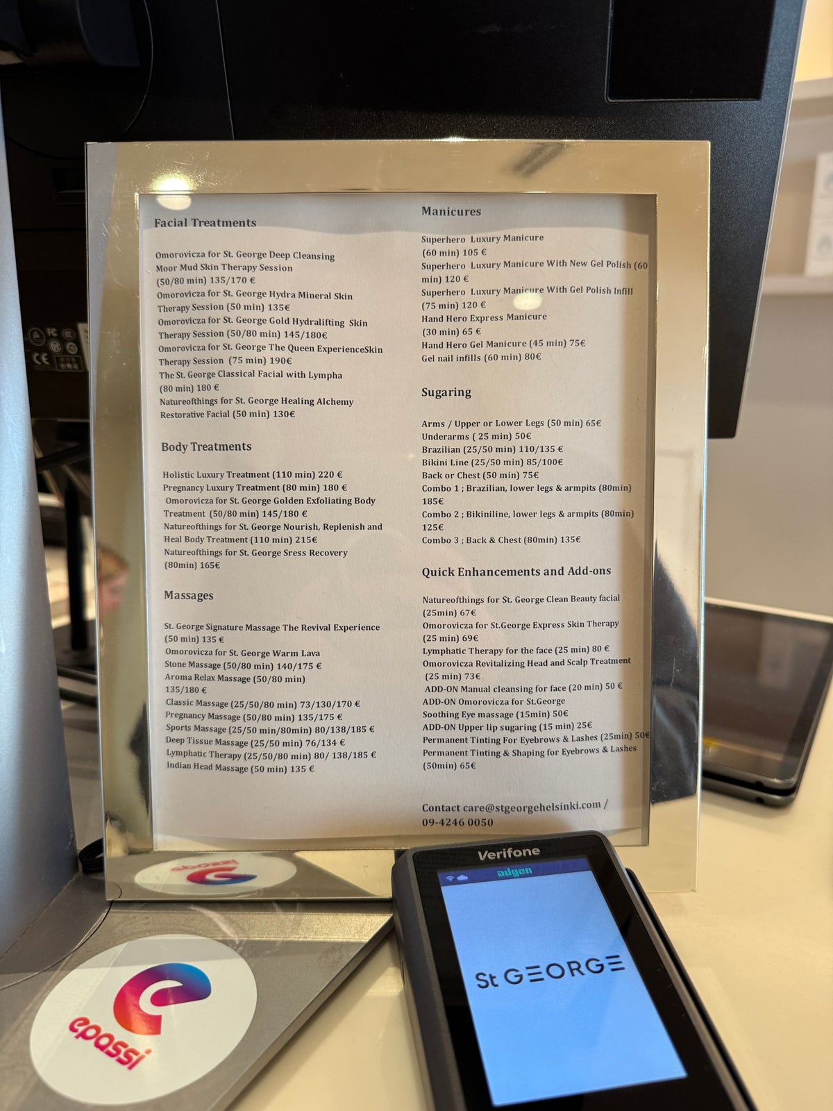 Hotel St George spa menu