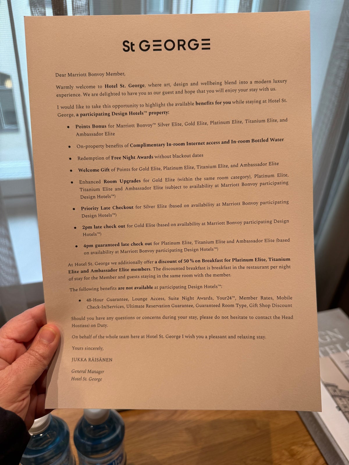 Hotel St George welcome letter