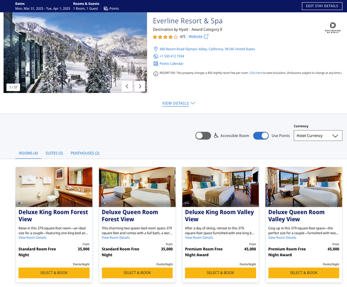 Hyatt Everline Resort Spa Lake Tahoe 35000 points redempion Hyatt Everline Resort Spa Lake Tahoe 35000 points redempion