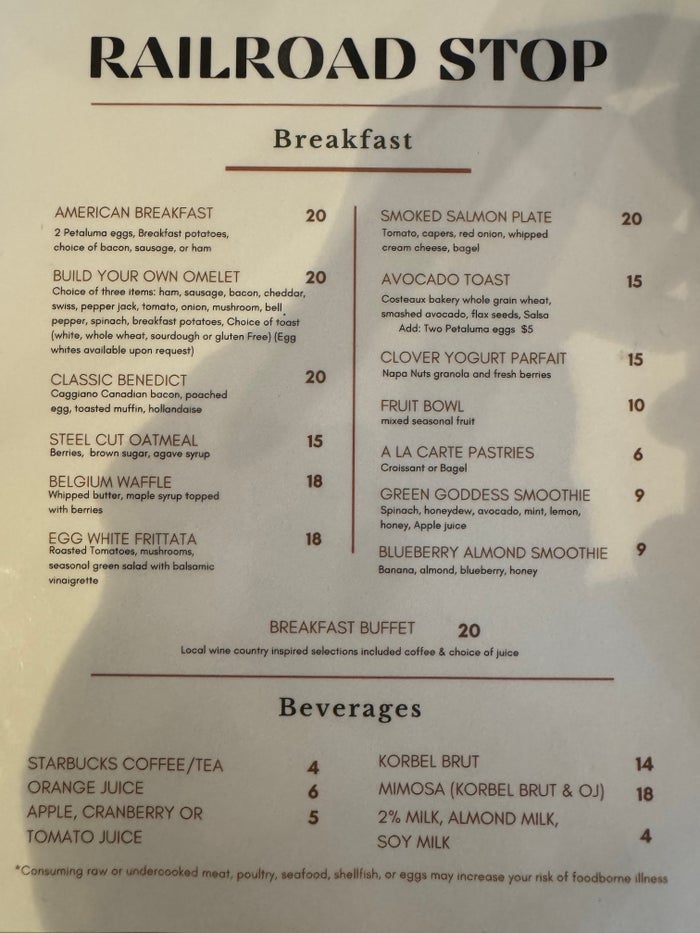 Hyatt Regency Sonoma Wine Country Sonoma Suite Railroad Stop menu