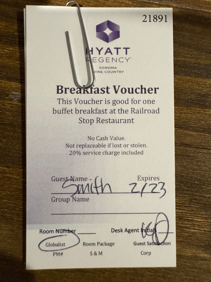 Hyatt Regency Sonoma Wine Country breakfast voucher