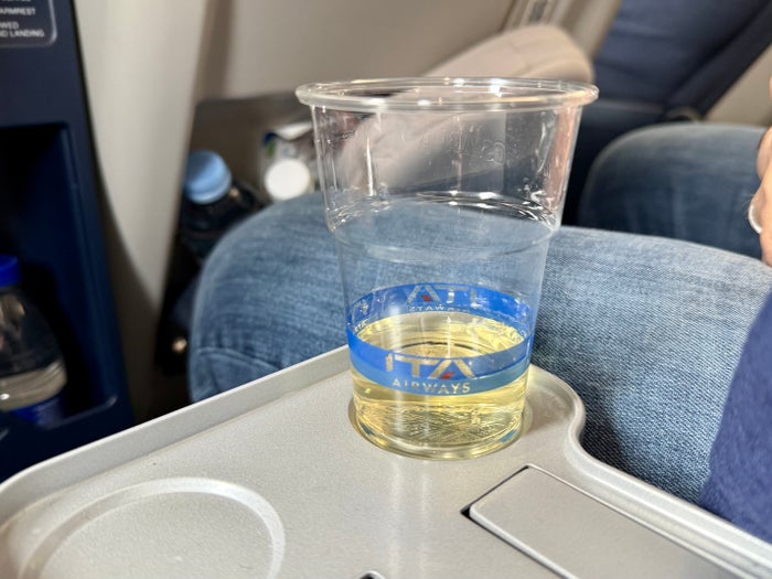 ITA Airways Airbus A350 premium economy welcome drink ITA Airways Airbus A350 premium economy welcome drink