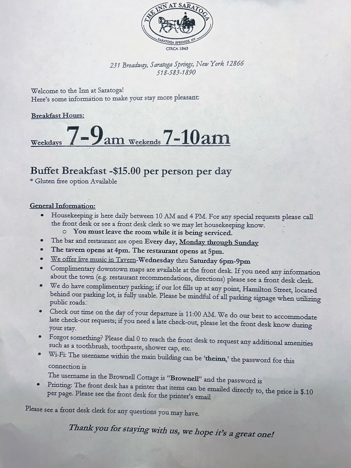 Inn at Saratoga welcome sheet